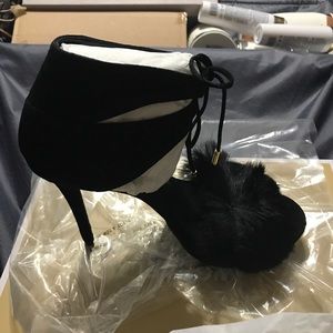 Black open toe high heel sandals with fur